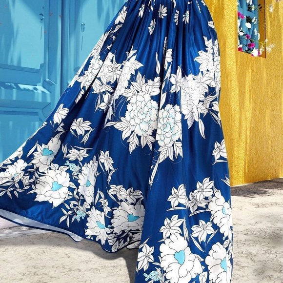 Blue Boho Womens High Waist Floral Print Pleated Skirt - Picture 4 of 5